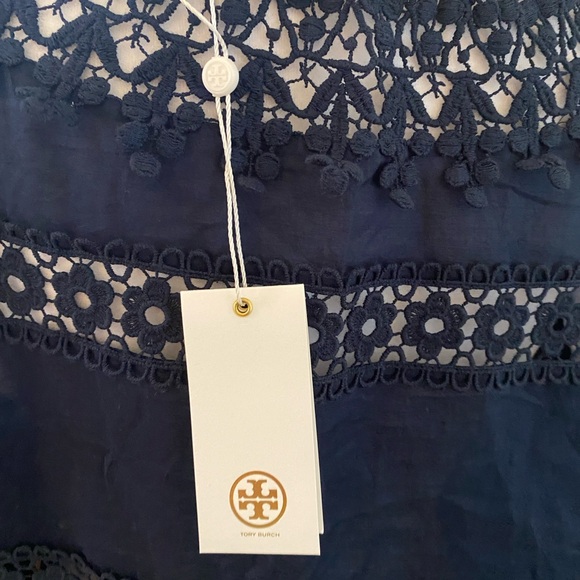Tory Burch Navy Blue Crochet Lace Mini Dress, Cover Up, Long Sleeve, V-neck, Med - Picture 3 of 7